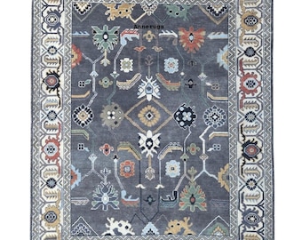 Tapis noué à la main de style Oushak | Tapis gris vintage en laine tribale | Tapis floral fait main