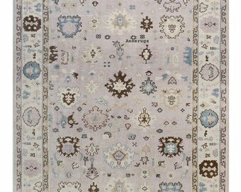 Tapis neutre Oushak - Tapis vintage floral beige et bleu