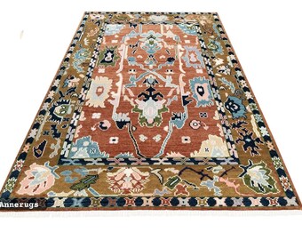 Tapis Oushak fait main - Tapis oriental floral brun rouille