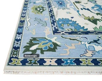 Tapis fait main à fleurs bleues | Tapis turc moderne