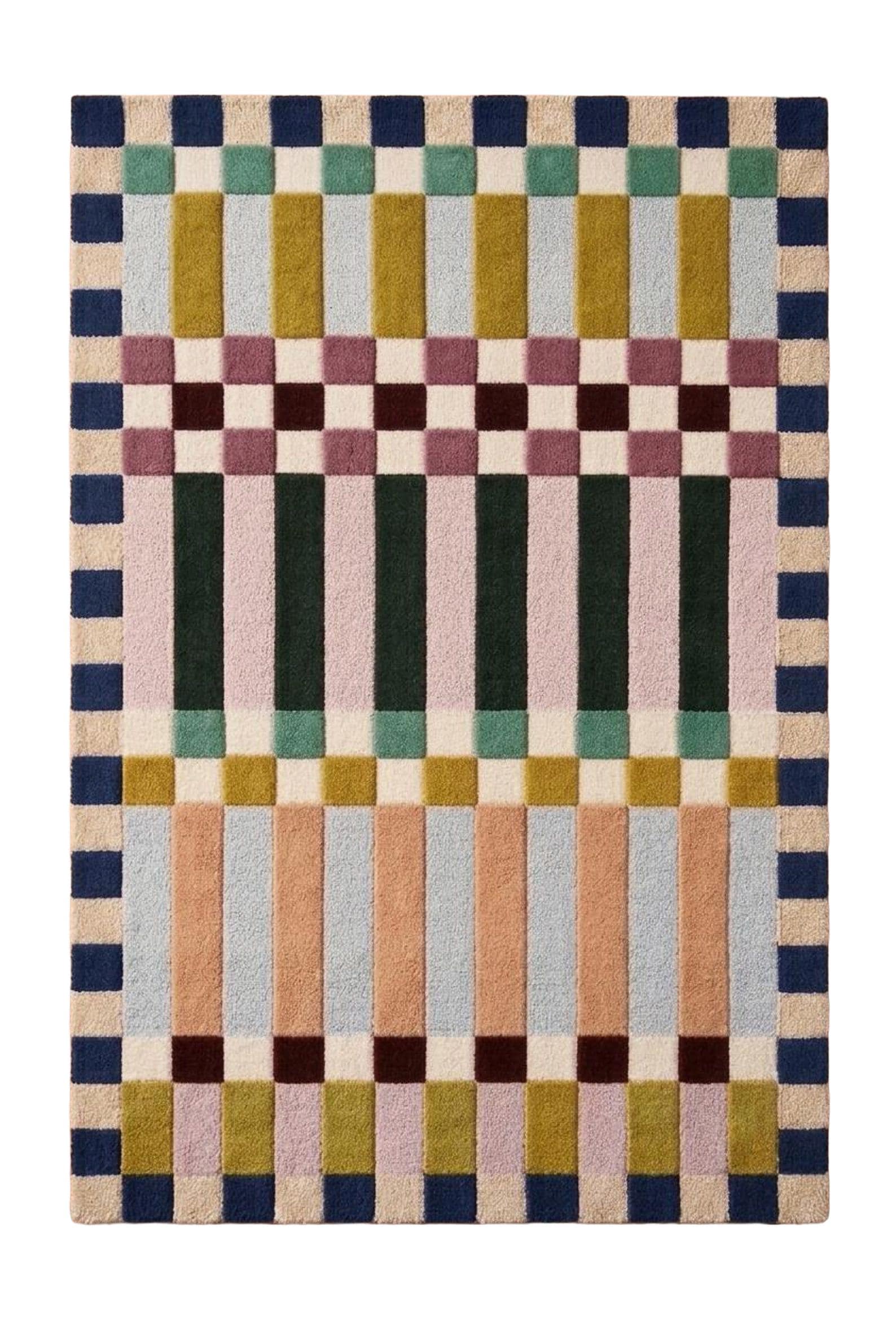 Hand Tufted Wool Rug - Geometric Checkerboard Stripes, Color Block Boho Carpet