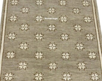 Tapis de course kilim beige tissé à la main | Tapis de couloir à motif géométrique en étoile | Tapis bohème neutre