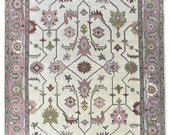 Tapis Oushak fait main - Tapis turc floral ivoire et mauve