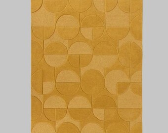 Tapis jaune moutarde touffeté à la main, motif cercles géométriques