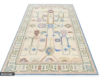 Tapis Oushak ivoire fait main - Tapis turc floral pastel