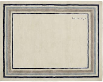 Carpette en laine tuftée à la main | Bordure minimaliste, gris bleu crème
