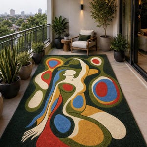 Abstract Female Figure Hand Tufted Wool Rug, Modern Art Carpet, Boho Statement Area Rug