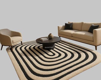 Tapis moderne tufté à la main | Ligne incurvée noire et beige