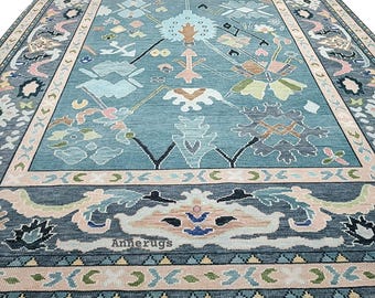 Tapis Oushak en laine noué à la main - Fleurs bleues, décoration bohème