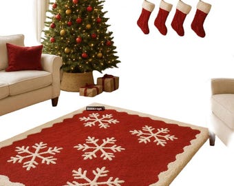 Tapis de Noël touffeté à la main, motif flocons de neige rouge crème