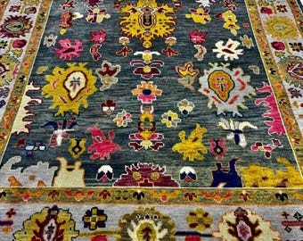 Tapis Oushak en laine noué à la main | Tapis turc multicolore gris foncé