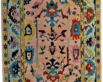 Tapis Oushak en laine rose noué à la main | Décoration bohème turque