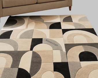 géométrique tufté à la main | Moquette moderne beige noir gris