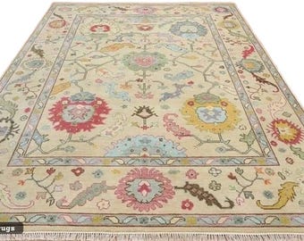 Tapis fait main en laine Oushak | Tapis floral beige pastel, déco bohème