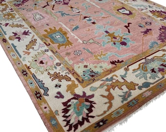 Tapis fait main en laine rose Oushak | Style turc vintage, décoration florale