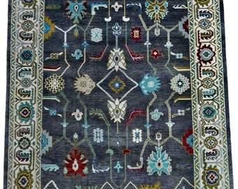 Tapis Oushak en laine noué à la main, tapis turc gris foncé
