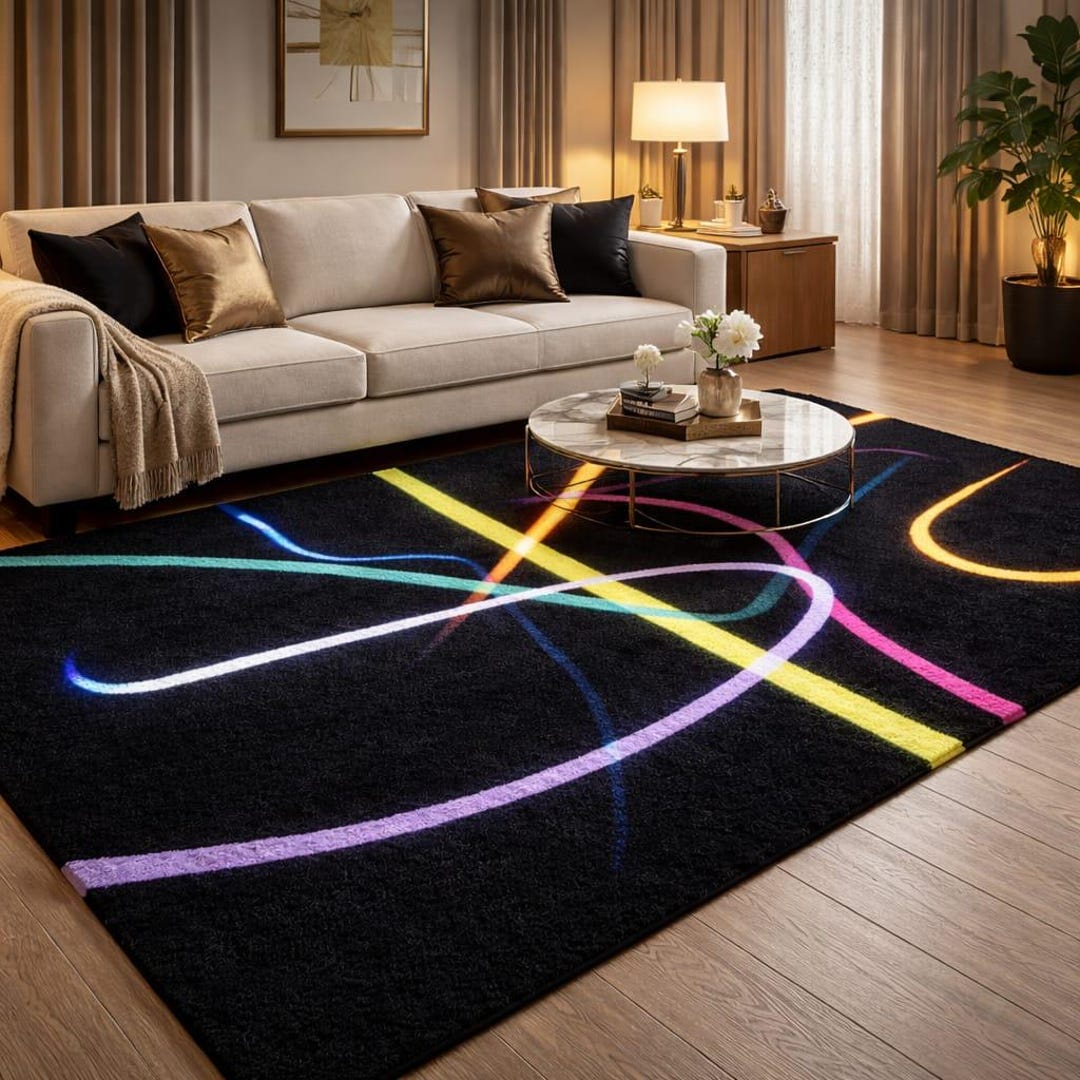 Black Abstract Neon Rug, Modern Colorful Line Art Carpet, Contemporary ...