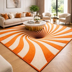 May include: An orange and white swirl patterned area rug in a living room setting. The rug features a central vortex design, creating an optical illusion. The rug is rectangular with a solid orange border. The room includes a sofa, chairs, and a coffee table.