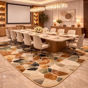 May include: A modern conference room featuring a large oval table with seating for twelve. The room has a patterned rug in earth tones, a projection screen, and decorative lighting. The walls are neutral, and the room is well-lit.