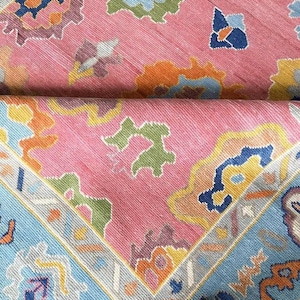 Hand-Knotted Oushak Wool Rug: Pink & Blue Boho Floral, 8x10 Turkish Carpet
