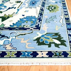 Hand-Knotted New Zealand Wool Rug: Blue Geometric Turkish Oushak Style, 9x12