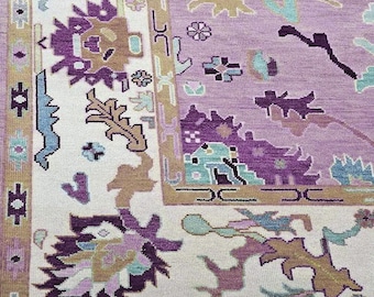 Lavender Oushak Rug – Handmade Vintage Turkish Style Area Carpet in Lilac & Ivory | Distressed Oriental Boho Floor Rug for Living Room Rug