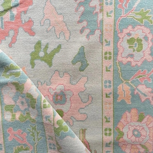 Hand-Knotted Oushak Rug: Pastel Green & Pink Floral Wool Carpet, 8x10