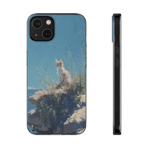 Kat op steen zacht telefoonhoesje, schattige kat oceaanscène, dierenliefhebber cadeau, beschermende siliconen hoes, iPhone Samsung Huawei Google, kitten