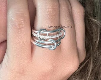 925 Sterling Silver Diamond Band Ring Set, Elegant Multi-Connector 4-Piece Jewelry Gift for Women