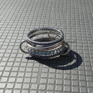 925 Sterling Silver Quad Gemstone Ring Set – Sapphire, Aquamarine & Tanzanite in Interlocking Multi-Band Design
