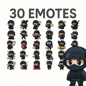 May include: An image displaying 30 cartoon emotes of characters in black tactical gear. Each emote conveys a different emotion or action, with text labels such as "BONK," "LOL," and "HYPE." The image includes the text "30 EMOTES."