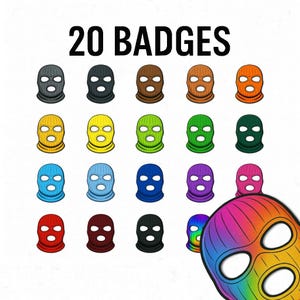 May include: A collection of 20 badges featuring ski masks in various colors, including gray, black, brown, orange, yellow, green, blue, purple, pink, and a rainbow design. The text "20 BADGES" is displayed in bold black letters above the badges.