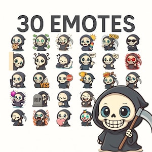 Pode incluir: Uma imagem mostrando 30 emotes de um personagem de desenho animado da Morte. A Morte tem um rosto de caveira, usa uma capa preta e carrega uma foice. O texto "30 EMOTES" está na parte superior da imagem.