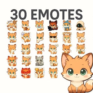 Puede incluir: Un conjunto de 30 emoticonos de zorro de dibujos animados en varias poses y expresiones, como feliz, triste, enfadado y sorprendido. El texto "30 EMOTES" se muestra en la parte superior. Los emoticonos son de color naranja con ojos verdes.