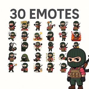 May include: A collection of 30 cartoon emotes featuring a character in a green balaclava and military-style attire. The emotes display various expressions and actions, with text overlays like "BONK" and "TRIGGERED". The words "30 EMOTES" are at the top.