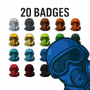 May include: A collection of 20 badges featuring stylized gas mask designs in various colors, including gray, black, brown, orange, yellow, green, teal, blue, and red. The text "20 BADGES" is displayed in bold, black font at the top.