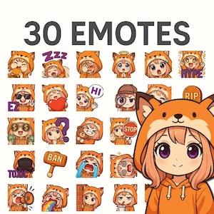 Puede incluir: Ilustración con 30 emoticonos de un personaje de dibujos animados con una sudadera con capucha naranja de zorro. Los emoticonos muestran varias expresiones y acciones, como comer, dormir y sostener carteles. El texto "30 EMOTES" está en la parte superior.