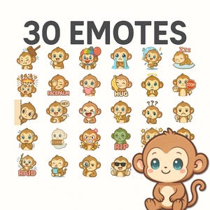 May include: A collection of 30 cartoon monkey emotes with various expressions and poses. The emotes include a monkey with a hammer, crying, holding a heart, and wearing sunglasses. Text at the top reads "30 EMOTES".