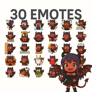 Puede incluir: Una colección de 30 emoticonos de dibujos animados con un personaje de diablo con piel roja, cuernos negros y alas de murciélago. Cada emoticono expresa una emoción o acción diferente, con etiquetas de texto como "BYE", "HUG" y "RIP".