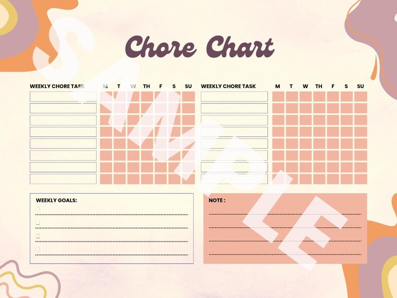 Chore Task Graph Editable Retro Chore Chart Printable | Weekly and Monthly Task Tracker ...