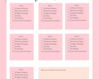 May include: A pink and white 52 Days Soft planner with a floral design. The planner includes daily checklists for workouts, water intake, reading, and diet. It also has a section to write what one is grateful for each week.