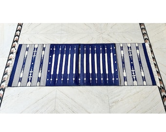Alfombra de algodón a rayas azules y blancas tejida a mano, alfombra Dhurrie de tejido plano hecha a mano, alfombra de área de tamaño personalizado, alfombra de corredor bohemia, alfombra para sala de estar
