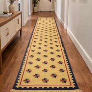 May include: A long, rectangular yellow runner rug with a repeating floral pattern in red, green, blue, and black. The rug has a navy blue border with a zigzag design and a red inner border. The rug is placed on a hardwood floor.