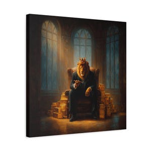 Art mural sur toile, Lion anthropomorphe en costume de style trône de peinture, palette de couleurs riches, lingots d&#39;or