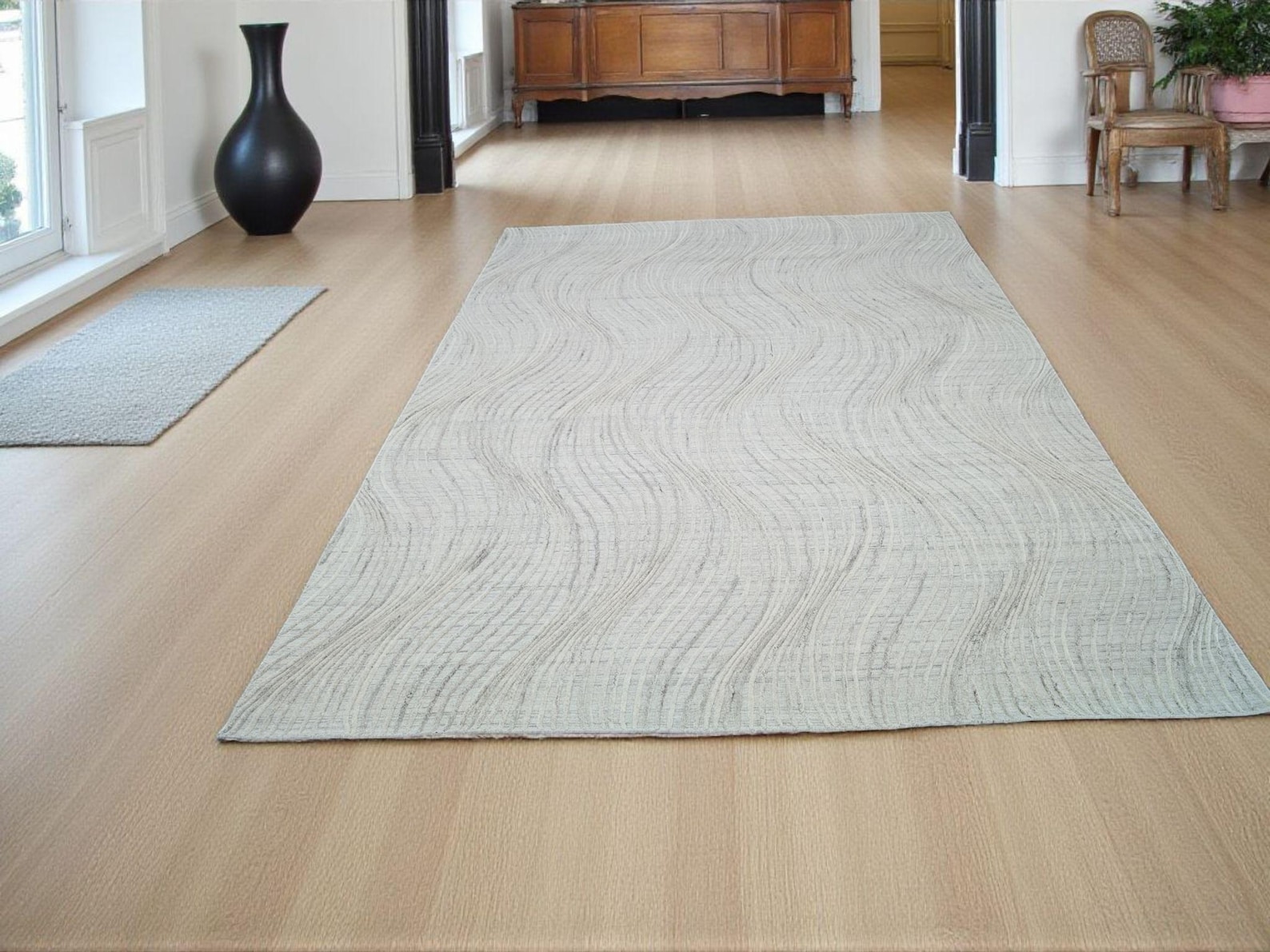 Grey Contour-Line Hand-Knotted Wool Rug