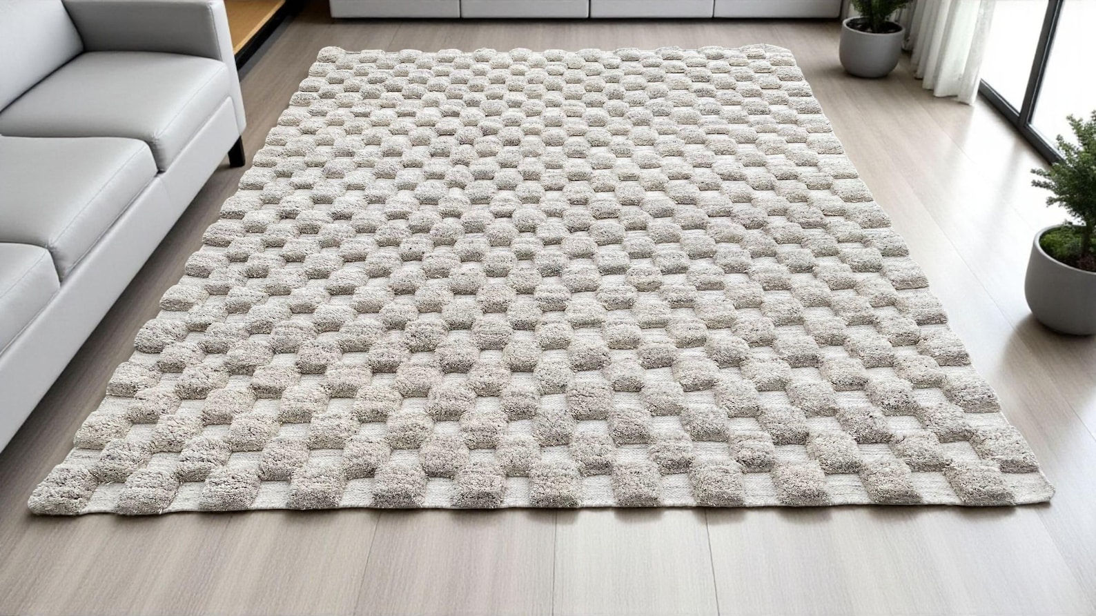 Ivory Checkerboard Hand-Knotted Wool Rug