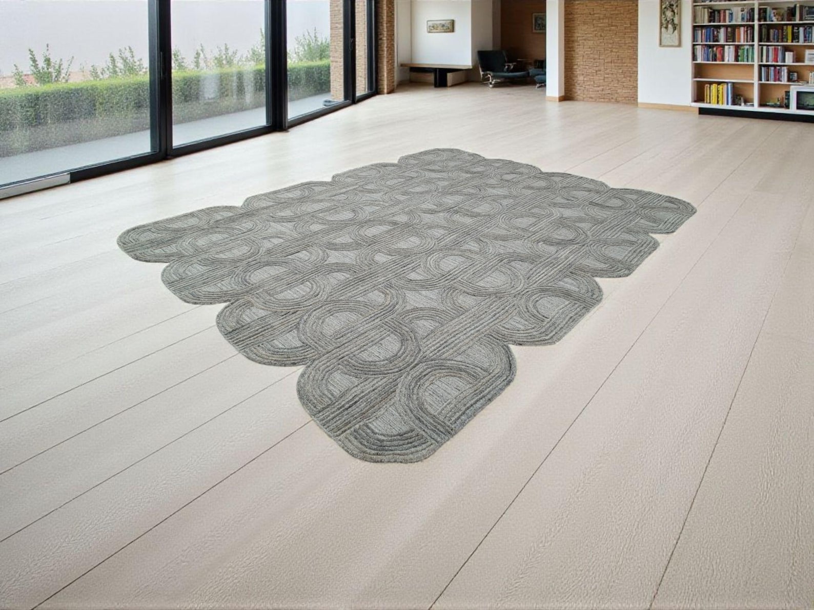 Grey Scalloped Hand-Knotted Wool Rug