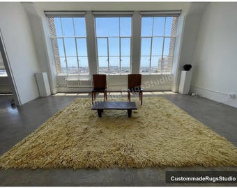 Gold Wool Shag Rug, Hand-Knotted Moroccan Area Rug, Custom Sizes