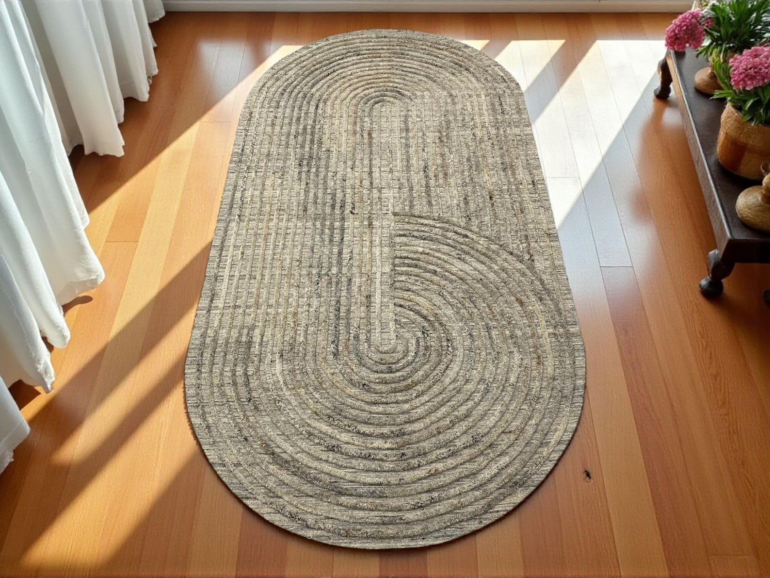 Oval Sculpted Geometric Hand-Knotted Rug