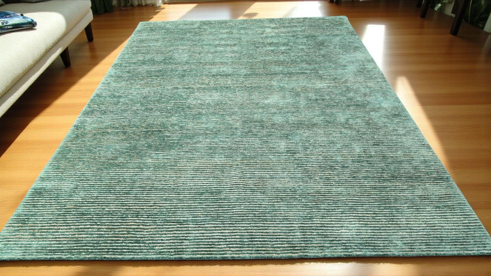 Sage Green Hand-Knotted Bamboo Silk and Jute Rug